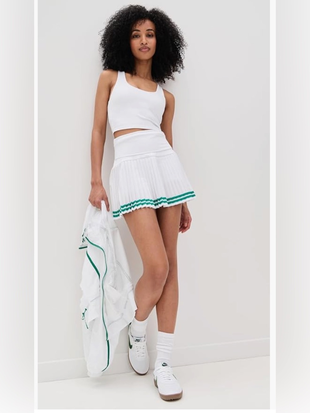 Beach Riot Sport White Pleated Tennis Skirt with Green Trim Set